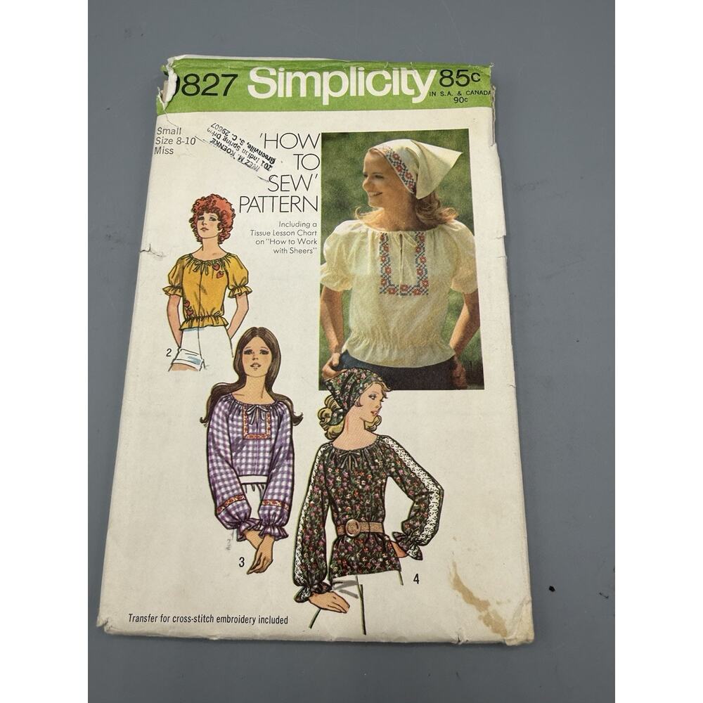Vintage Simplicity 9827 Peasant Blouse Pattern Sz 8-10 Embroidery Uncut